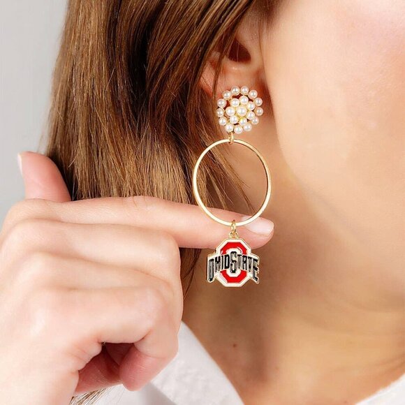 Ohio State Buckeyes Pearl Cluster Enamel Hoop Earrings in Sc - Picture 2 of 2